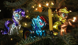 Size: 1024x588 | Tagged: safe, artist:malte279, applejack, rainbow dash, rarity, g4, christmas, christmas lights, christmas tree, craft, hearth's warming eve, holiday, metal foil, relief, tree