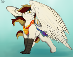 Size: 4023x3124 | Tagged: safe, artist:flashnoteart, oc, oc only, oc:silent flight, hippogriff, armor, bismuth, bismuth armor, colored, male, solo, wings