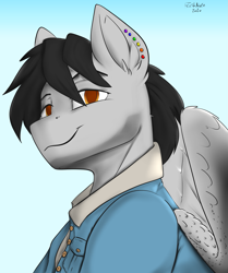 Size: 1951x2333 | Tagged: safe, artist:flashnoteart, oc, oc:steamworks, pegasus, pony, bust, clothes, colored, commission, jacket, male, piercing, portrait, wings