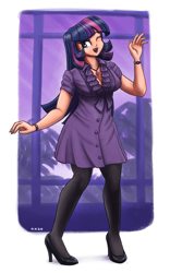 Size: 1500x2400 | Tagged: safe, artist:king-kakapo, twilight sparkle, human, g4, bracelet, clothes, humanized, jewelry, necklace, one eye closed, shoes, solo, stockings, thigh highs