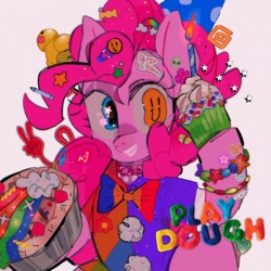 Size: 1300x1300 | Tagged: safe, artist:poneko-chan, pinkie pie, earth pony, pony, g4, clown, cupcake, female, food, mare, pie, simple background, smiley face, smiling, solo, sticker