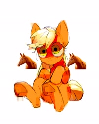 Size: 1638x2048 | Tagged: safe, artist:poneko-chan, applejack, earth pony, horse, pony, g4, female, mare, missing accessory, simple background, sitting, solo