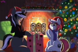 Size: 4500x3000 | Tagged: safe, artist:derpx1, oc, oc only, oc:kenn, oc:lazy sunday, skunk, skunk pony, chimney, christmas, christmas gift, christmas lights, christmas tree, clapping, commission, fire, fireplace, hat, holiday, present, santa hat, smiling, tree