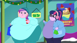 Size: 2560x1440 | Tagged: safe, artist:neongothic, dean cadance, princess cadance, sci-twi, twilight sparkle, equestria girls, bbw, belly, big belly, breasts, chubby cheeks, clothes, coffee, dean decadence, double chin, fat, fat boobs, fat fetish, fetish, morbidly obese, obese, princess decadence, sci-twilard, sisters-in-law, ssbbw, twilard sparkle, weight gain, winter outfit