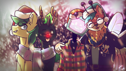 Size: 2715x1527 | Tagged: safe, artist:chebypattern, oc, oc:aurora dawn, oc:kai, christmas, clothes, commission, fireworks, glasses, hat, holiday, santa hat, scarf, shirt, smiling, smiling at you, snow, snowfall, tongue out, wings