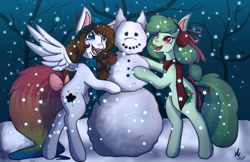 Size: 1280x828 | Tagged: safe, artist:mscolorsplash, oc, oc only, oc:color splash, oc:ribbon wreath, earth pony, pegasus, pony, bipedal, bipedal leaning, bow, clothes, duo, earmuffs, female, leaning, mare, scarf, snow, snowfall, snowman, snowpony, tail bow