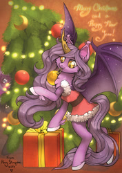 Size: 1236x1748 | Tagged: safe, artist:st. oni, oc, oc only, oc:nebula eclipse, bat pony, bat pony oc, bat wings, christmas, christmas lights, christmas tree, holiday, present, tree, wings