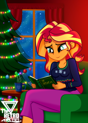 Size: 1800x2520 | Tagged: safe, artist:theretroart88, sunset shimmer, equestria girls, g4, book, breasts, chocolate, christmas, christmas ball, christmas lights, christmas tree, cleavage, clothes, cute, food, holiday, hot chocolate, pajamas, reading, shimmerbetes, snow, snowfall, solo, tree, window