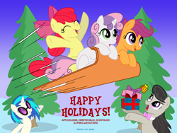 Size: 1024x768 | Tagged: safe, artist:tim-kangaroo, apple bloom, dj pon-3, octavia melody, scootaloo, sweetie belle, vinyl scratch, earth pony, pegasus, pony, unicorn, g4, airborne, apple bloom's bow, bipedal, bow, christmas card, cutie mark crusaders, female, filly, foal, hair bow, hearth's warming eve, hoof hold, mare, open mouth, open smile, present, sled, smiling, snow, text, tree