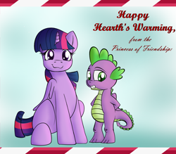 Size: 1600x1400 | Tagged: safe, artist:fig, spike, twilight sparkle, alicorn, dragon, pony, g4, christmas, christmas card, cute, duo, female, folded wings, hearth's warming, holiday, looking at you, male, mare, smiling, text, twilight sparkle (alicorn), wings