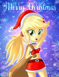 Size: 1500x1942 | Tagged: safe, artist:dieart77, applejack, equestria girls, g4, alternate hairstyle, bare shoulders, christmas, clothes, costume, cute, hat, holiday, jackabetes, open mouth, santa costume, santa hat, sleeveless, strapless