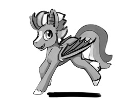 Size: 1200x927 | Tagged: safe, artist:warskunk, oc, oc only, bat pony, pegasus, pony, bat pony oc, bat wings, fangs, folded wings, grayscale, looking at you, male, monochrome, simple background, smiling, solo, stallion, white background, wings