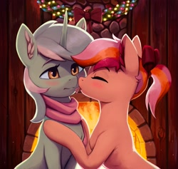 Size: 3000x2847 | Tagged: safe, artist:mrscroup, lyra heartstrings, oc, earth pony, pony, unicorn, g4, blushing, canon x oc, clothes, commission, female, fire, fireplace, high res, lesbian, licking, scarf, shipping, tongue out, ych result