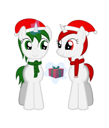 Size: 1520x1780 | Tagged: safe, artist:strategypony, oc, oc only, oc:reno, oc:ruby, pony, unicorn, christmas, clothes, female, hat, holiday, looking at each other, magic, present, santa hat, scarf, siblings, simple background, sisters, telekinesis, transparent background