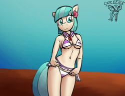 Size: 1280x989 | Tagged: safe, artist:warskunk, coco pommel, earth pony, anthro, g4, belly button, bikini, breasts, busty coco pommel, cleavage, clothes, female, legs together, skirt, skirt lift, solo, swimsuit