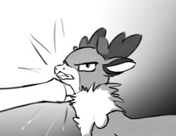 Size: 1200x927 | Tagged: safe, artist:warskunk, velvet (tfh), deer, reindeer, them's fightin' herds, cloven hooves, community related, doe, female, fight, grayscale, hooves, kicking, monochrome, offscreen character, velvet is not amused