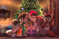 Size: 3000x2000 | Tagged: safe, artist:freeedon, oc, oc only, oc:allegro dolce, oc:dawnsong, oc:neris, oc:redwood, oc:siren, oc:solaria, bat pony, earth pony, pony, unicorn, bat wings, book, bookshelf, christmas, christmas lights, christmas tree, commission, cookie, cuddling, eye clipping through hair, eyebrows, eyebrows visible through hair, eyes closed, female, food, glasses, group, high res, holiday, horn, hug, indoors, mare, milk, mouth hold, open mouth, present, smiling, snow globe, string lights, tree, wings