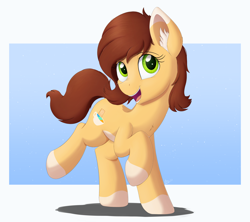 Size: 4000x3546 | Tagged: safe, artist:arcane-thunder, oc, oc only, oc:cream crackers, earth pony, pony, coat markings, ear fluff, female, looking at you, mare, markings, open mouth, pale belly, raised hoof, raised leg, smiling, socks (coat markings), solo