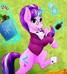 Size: 2264x2500 | Tagged: safe, artist:monsoonvisionz, snowfall frost, starlight glimmer, pony, unicorn, g4, bottle, candy, candy cane, christmas, clothes, coin, female, food, glasses, hearth's warming, high res, holiday, looking at you, mare, present, smiling, solo