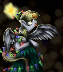 Size: 1280x1472 | Tagged: safe, artist:crystalbay, derpy hooves, pegasus, pony, balancing, christmas, christmas tree, cross-eyed, cute, derpabetes, derpy star, food, happy, happy hearth's warming, hearth's warming, holiday, hungry, lights, looking up, muffin, ponies balancing stuff on their nose, solo, spread wings, stars, that pony sure does love muffins, tongue out, tree, wings
