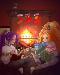 Size: 1600x1982 | Tagged: safe, artist:amazingpuffhair, adagio dazzle, aria blaze, sonata dusk, equestria girls, g4, antlers, book, chocolate, christmas, christmas stocking, clothes, fireplace, food, holiday, hot chocolate, mug, pants, red nose, reindeer antlers, socks, stocking feet, teddy bear, the dazzlings, younger
