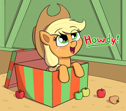Size: 1756x1548 | Tagged: safe, artist:heretichesh, applejack, earth pony, pony, g4, apple, applejack's hat, barn, blushing, box, christmas, cowboy hat, cute, dialogue, female, food, freckles, happy, hat, hay, holiday, howdies in the comments, howdy, jackabetes, leaning, looking at you, looking up, mare, open mouth, pony in a box, present, smiling, solo, text