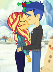 Size: 1483x2008 | Tagged: safe, alternate version, artist:gmaplay, flash sentry, sunset shimmer, equestria girls, g4, christmas, clothes, female, holiday, holly, holly mistaken for mistletoe, kissing, male, mistletoe, ship:flashimmer, shipping, straight, winter, winter outfit
