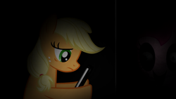 Size: 1920x1080 | Tagged: safe, artist:horses are fuckin weird, applejack, pinkie pie, earth pony, pony, g4, creepy, five nights at freddy's, five nights at pinkie's, hoof hold, night guard, nightmare fuel, scared, tablet, tired, when you see it