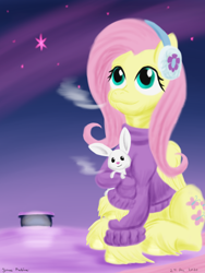 Size: 1800x2400 | Tagged: safe, artist:rockhoppr3, angel bunny, fluttershy, pegasus, pony, rabbit, g4, animal, clothes, cute, earmuffs, shyabetes, stars, sweater, unshorn fetlocks