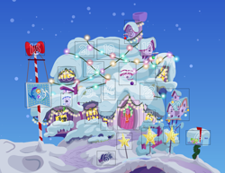 Size: 5833x4500 | Tagged: safe, anonymous artist, big macintosh, fluttershy, earth pony, pegasus, pony, series:fm holidays, series:hearth's warming advent calendar, g4, absurd resolution, advent calendar, bird house, christmas, christmas lights, christmas ornament, christmas wreath, decoration, female, flag of equestria, flag pole, fluttershy's cottage, hearth's warming, holiday, mailbox, male, night, ship:fluttermac, shipping, silhouette, snow, straight, winter, wreath