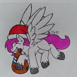 Size: 2559x2559 | Tagged: safe, artist:drheartdoodles, oc, oc only, oc:dr.heart, clydesdale, pegasus, pony, bag, christmas, color, flying, hat, high res, holiday, santa hat, smiling, traditional art
