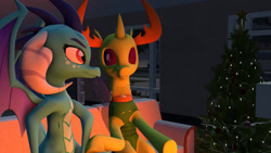 Size: 1280x720 | Tagged: safe, artist:andrescortez7, princess ember, thorax, changedling, changeling, dragon, g4, 3d, changeling x dragon, christmas, christmas tree, dragoness, eye contact, female, holiday, interspecies, king thorax, looking at each other, male, ship:embrax, shipping, straight, tree