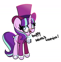 Size: 2000x2011 | Tagged: safe, artist:kindakismet, snowfall frost, starlight glimmer, pony, unicorn, g4, christmas, clothes, dialogue, glasses, happy hearth's warming, hat, high res, holiday, solo, top hat