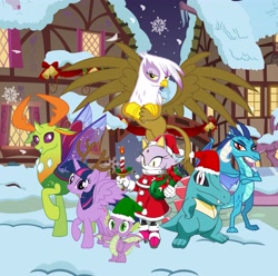 Size: 4567x4535 | Tagged: safe, gilda, princess ember, spike, thorax, twilight sparkle, alicorn, changedling, changeling, dragon, griffon, pony, totodile, g4, blaze the cat, candle, christmas, hearth's warming eve, holiday, king thorax, male, pokémon, snow, sonic the hedgehog (series), twilight sparkle (alicorn), winged spike, wings