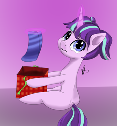 Size: 1276x1361 | Tagged: safe, artist:guatergau5, starlight glimmer, pony, unicorn, g4, christmas, christmas gift, clothes, female, filly, filly starlight glimmer, glowing horn, holiday, horn, magic, pigtails, present, sad, sitting, solo, stockings, telekinesis, thigh highs, younger