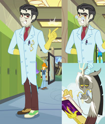 Size: 2334x2748 | Tagged: safe, artist:misskali, screencap, discord, valhallen, draconequus, human, equestria girls, g4, twilight's kingdom, book, clothes, equestria girls-ified, finger snap, glasses, high res, lab coat, male, reference, screencap reference, snaggletooth, teacher