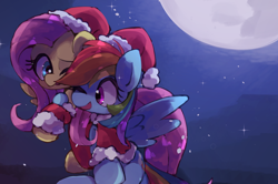 Size: 3460x2294 | Tagged: safe, artist:lexiedraw, fluttershy, rainbow dash, pegasus, pony, g4, christmas, cute, duo, duo female, female, full moon, hat, high res, holiday, lesbian, mare, moon, santa hat, ship:flutterdash, shipping