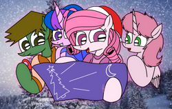 Size: 1617x1024 | Tagged: safe, artist:muhammad yunus, oc, oc:annisa trihapsari, oc:hsu amity, alicorn, earth pony, pony, aelita schaeffer, christmas, clothes, code lyoko, female, hat, holiday, i can't believe it's not 徐詩珮, looking at you, male, mare, medibang paint, moon, open mouth, ponified, santa hat, stallion, teeth, tree, ulrich stern