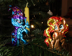 Size: 3328x2572 | Tagged: safe, alternate version, artist:malte279, sunset shimmer, trixie, pony, unicorn, g4, christmas, christmas lights, christmas tree, craft, hearth's warming eve, high res, holiday, metal foil, relief, tree