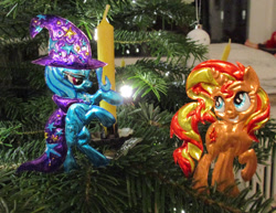Size: 1024x792 | Tagged: safe, alternate version, artist:malte279, sunset shimmer, trixie, pony, unicorn, g4, christmas, christmas lights, christmas tree, craft, hearth's warming eve, holiday, metal foil, relief, tree
