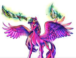 Size: 1575x1203 | Tagged: safe, artist:deygira-blood, twilight sparkle, alicorn, pony, elements of insanity, g4, angry, brutalight sparcake, female, magic, mare, simple background, solo, spread wings, sword, telekinesis, twilight sparkle (alicorn), weapon, white background, wings