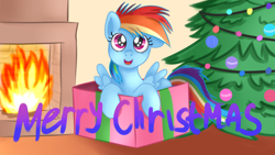 Size: 1280x720 | Tagged: safe, artist:jbond, rainbow dash, pegasus, pony, g4, box, christmas, christmas lights, christmas tree, cute, female, filly, filly rainbow dash, fireplace, holiday, open mouth, postcard, solo, text, tree, younger