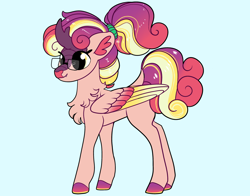 Size: 2800x2200 | Tagged: safe, artist:loryska, oc, oc only, hybrid, pony, blue background, colored wings, female, glasses, high res, magical lesbian spawn, multicolored wings, offspring, parent:autumn blaze, parent:twilight sparkle, simple background, solo, wings