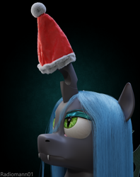 Size: 2024x2560 | Tagged: safe, artist:radiomann01, queen chrysalis, changeling, changeling queen, g4, 3d, angry, christmas, fangs, female, furrowed brow, grumpy, hat, high res, holiday, horn, looking up, mane, missing accessory, render, santa hat, sharp teeth, simple background, solo, teeth, unamused, wings
