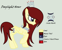 Size: 4544x3640 | Tagged: safe, artist:lominicinfinity, oc, oc only, oc:daylight hour, pegasus, pony, crown, female, jewelry, mare, reference sheet, regalia, simple background, solo, wings