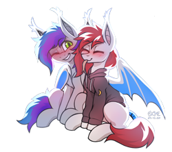Size: 1944x1726 | Tagged: safe, artist:gicme, oc, oc only, oc:riellenc hill, bat pony, pony, bat pony oc, bat wings, clothes, eyebrows, eyebrows visible through hair, happy, hoodie, hug, shy, simple background, smiling, wings
