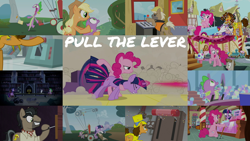 Size: 1280x720 | Tagged: safe, edit, edited screencap, editor:quoterific, screencap, amethyst star, angel bunny, applejack, cheese sandwich, crafty crate, doctor caballeron, lily, lily valley, meadow song, mudbriar, pinkie pie, roseluck, sea swirl, seafoam, sparkler, spike, twilight sparkle, twinkleshine, alicorn, dragon, earth pony, pony, unicorn, a canterlot wedding, apple family reunion, castle mane-ia, equestria games (episode), feeling pinkie keen, g4, the last laugh, the mysterious mare do well, castle of the royal pony sisters, female, lever, male, mare, party cannon, stallion, twigun, twilight sparkle (alicorn), unicorn twilight, zippo spike