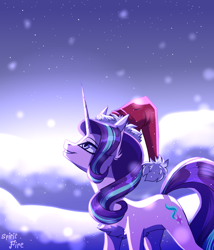 Size: 3000x3500 | Tagged: safe, artist:celes-969, starlight glimmer, pony, unicorn, g4, chest fluff, christmas, hat, high res, holiday, horn, long horn, santa hat, smiling, snow, snowfall, solo