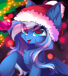 Size: 2754x3100 | Tagged: safe, artist:airiniblock, oc, oc only, oc:vivid tone, pegasus, pony, rcf community, bauble, chest fluff, christmas, cute, ear fluff, eye clipping through hair, female, hat, high res, holiday, mare, not luna, ocbetes, open mouth, santa hat, smiling, solo