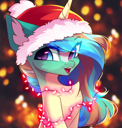 Size: 2742x2874 | Tagged: safe, artist:airiniblock, oc, oc only, oc:sunny sandbar, pony, unicorn, rcf community, blaze (coat marking), blue eyes, bust, chest fluff, christmas, coat markings, concave belly, ear fluff, eye clipping through hair, eyebrows, eyebrows visible through hair, facial markings, female, hat, high res, holiday, looking at you, looking sideways, mare, open mouth, open smile, santa hat, slender, smiling, solo, thin
